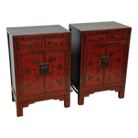 Chinese Black + Red Lacquered Butterfly Nightstands, Pair