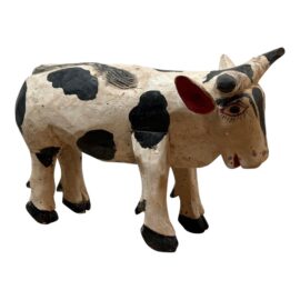 Folk Art Hand Carved Painted Horned + Spotted Cow