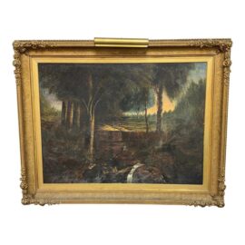Antique Hand Painted Oil Forest Scene Painting, Framed With Above Light