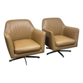 Flexform Luce Cognac Leather Swivel Arm Chairs, Pair. Original Price: $11,900