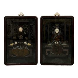 Reverse Glass Painting of Emperor + Empress, Set of Two