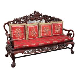 Vintage Qing Dynasty Carved Rosewood + Marble Sofa