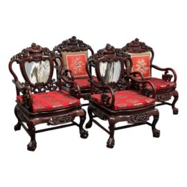Vintage Qing Dynasty Style Carved Rosewood + Marble Arm Chairs, Set of Four