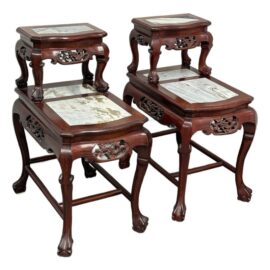 Vintage Qing Dynasty Style Two Tiered Rosewood + Marble Side Tables, Pair