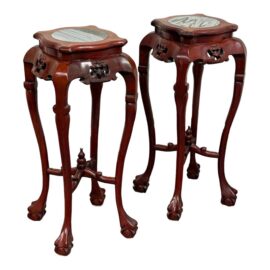 Vintage Chinese Rosewood + Marble Top Pedestals, Pair