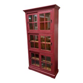 Rojo Red Pine Wood Cabinet With Sliding Glass Pane Doors