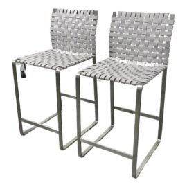 Mark Albrecht Studio Woven Leather Counter Stools, Pair. Original Price: $6,000