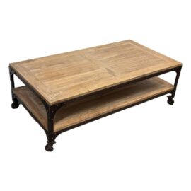 Industrial Riveted Iron With Wooden Surfaces Coffee Table on Casters
