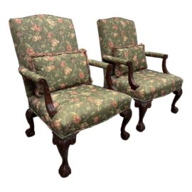 Chippendale Style Carved Mahogany Open Armchairs + Throw Pillows, Pair