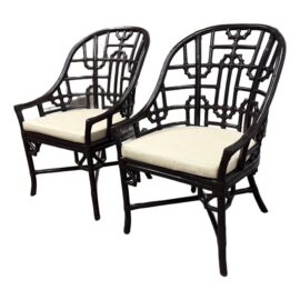 Gumps Rosewood Fretwork Lounge Chairs With Black Finish, Pair. Original Price: $1,000