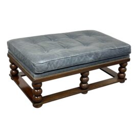 Custom Tufted Slate Blue Ottoman With Mahogany Finish Frame