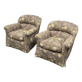 Kroll Furniture Brown Floral Lounge Chairs, Pair