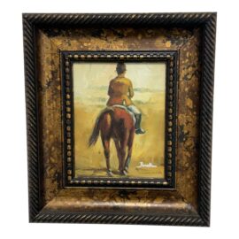 Burl Wood Framed Horse + Rider Artwork, Signed