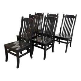 Black Finish Wood Slated Back Dining Chairs, Set of Six