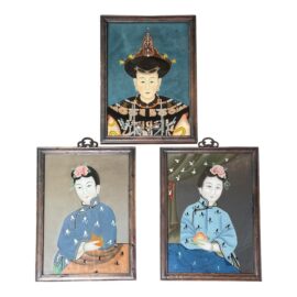 Chinese Reverse Glass Painting Qing Dynasty, Set of Three