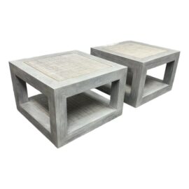 Serena & Lily Mercer Square Gray Wood Raffia Table, Pair. Original Price: $2,000