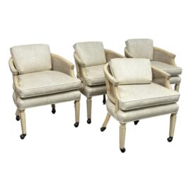 White Wash Barrel + Cane Back Arm Chairs on Casters, Set of Four
