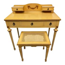 Vintage French Provincial Desk + Caned Stool Set