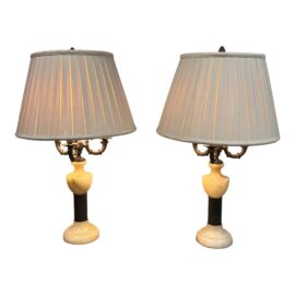 Vintage Alabaster + Bronze Finish Table Lamps, Pair
