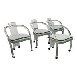 Mid 20th Century Charles Hollis Jones Lucite Chairs + Casters, Set of Four.