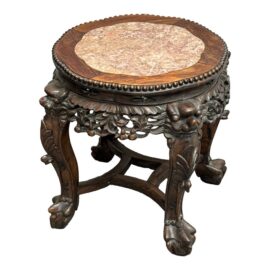 Antique Chinese Carved Rosewood + Marble Plant Stand