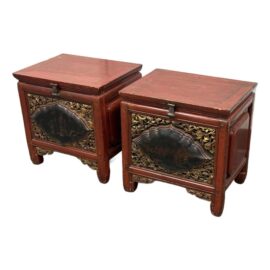 Antique Chinese Red Lacquered Chest Side Tables, Pair