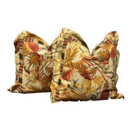 Floral Print Cotton Sateen Throw Pillows With Double Flange Trim, Pair