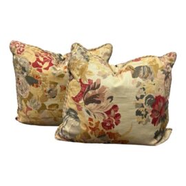 Floral Print Cotton Sateen Throw Pillows With Rolled Edge Trim, Pair