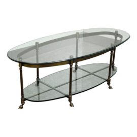 Mastercraft Hollywood Regency Brass Hoof Feet Coffee Table With Racetrack Glass