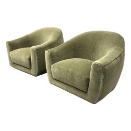 NEW Custom Made Oliver Swivel Chairs in Moss Green Mohair, Pair. Original Price: $6,700