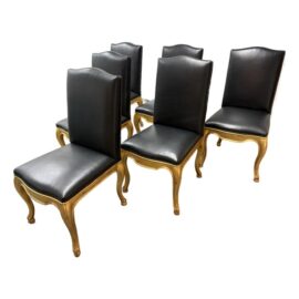Ralph Lauren Home Duke Dining Side Chairs in Black Leather With Gold Frames, Set of Six. Original Price: $31,750