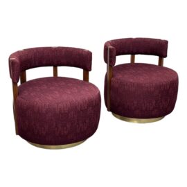 Village West Design Custom Made Swivel Club Chairs in Raspberry, Pair. Original Price: $14,450