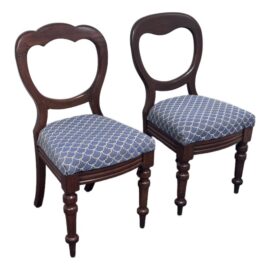 Victorian Balloon Back Mahogany Chairs With Blue Scallop Print, Pair