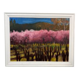 R. E. Noble Landscape Cherry Blossom Original Painting, Signed + Framed