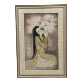 Vietnamese Young Woman With Lily Bouquet Painting, Framed