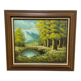 Vintage Landscape of Mountainous Meadow With Stream, Framed + Signed