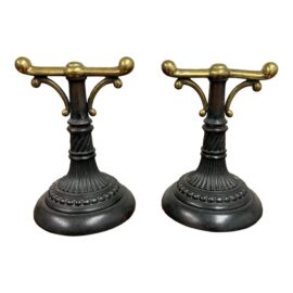 Antique Heavy Casted Iron + Brass Fire Dogs, Pair