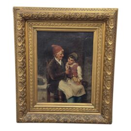 Antique Oil Painting of Grandfather With Son, Framed