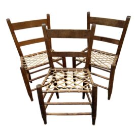 19th Century Antique Ladderback + Rawhide Seat Side Chairs, a Set of 3