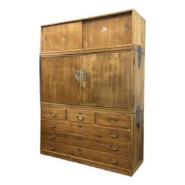 Japanese Kiri Wood Tansu With Mother of Pearl Inlaid Art Work