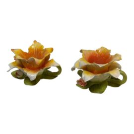 Vintage Italian Capidimonte Porcelain Rose Candle Holders, Pair