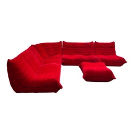 Ligne Roset Style Togo Red Sectional + Ottoman, Set of Five. Original Price: $3,500
