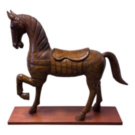 Vintage Hand Carved Prancing Horse Wood Sculpture on Stand