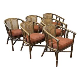 Late 20th Century McGuire Furniture Cane + Bamboo Barrel Back Dining Chairs, Set of Six