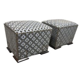 Madeline Stuart Greek Key Nailhead Ottomans, Pair. Original Price: $8,500