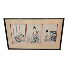 Toyahara Chikanobu "Frisky Lap Dogs" Japanese Woodblock Tryptic