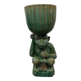 Majolica Green Glazed Ceramic Crouching Monkey Planter Pedestal Stand