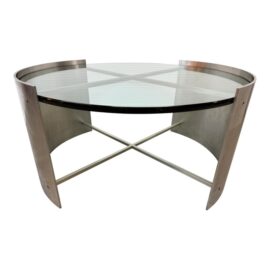 Post Modernist Brushed Aluminum Cylinder + Glass Coffee Table