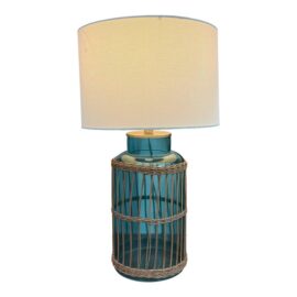 NEW Contemporary Turquoise Glass + Rattan Table Lamp. Original Price: $210