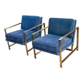 West Elm Mid Century Blue Velvet Arm Chair, a Pair. Original Price: $1,300